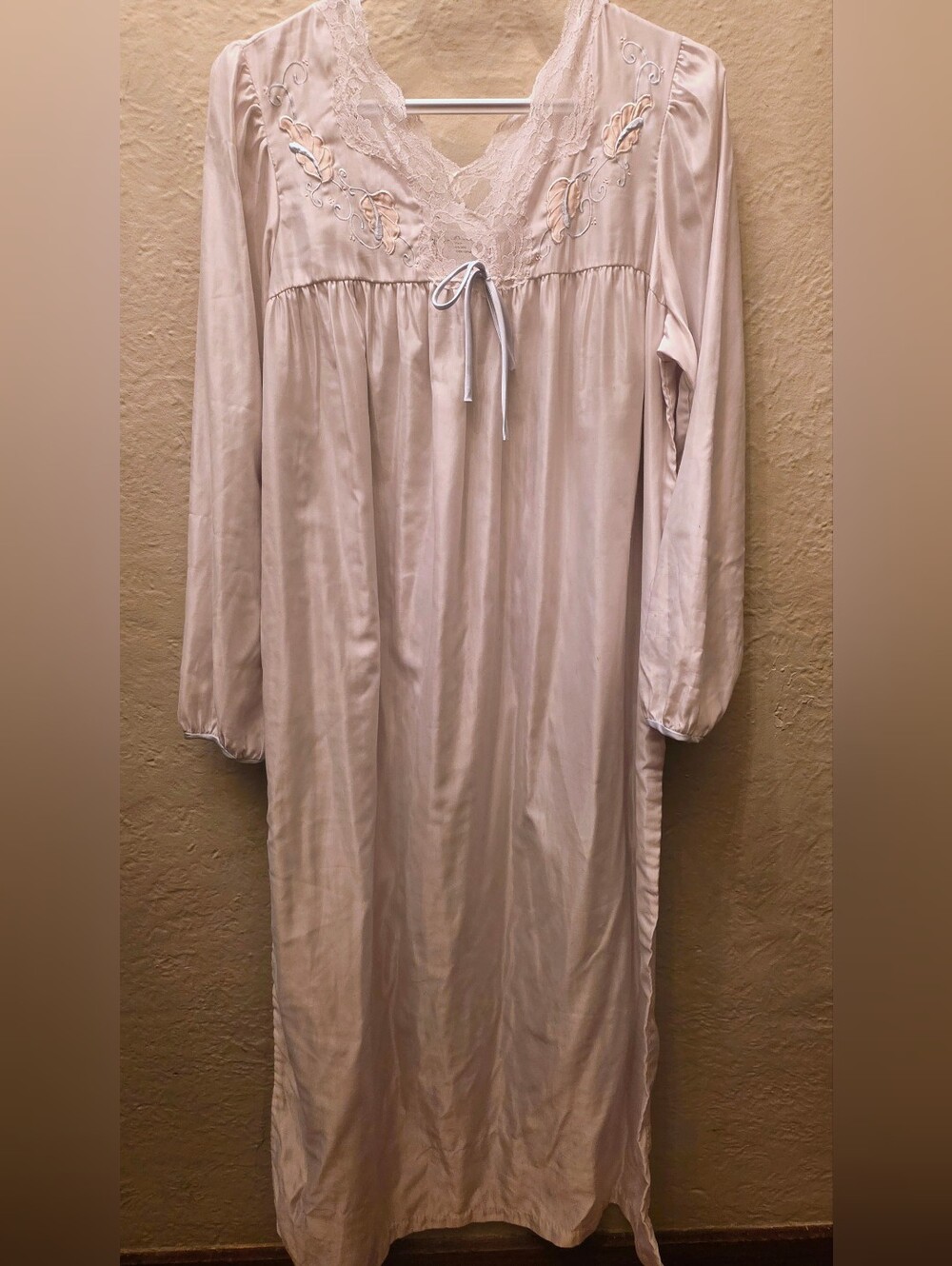 Vintage Satin Embroidered Lace Maxi Nightgown Long Sleeve Romantic S